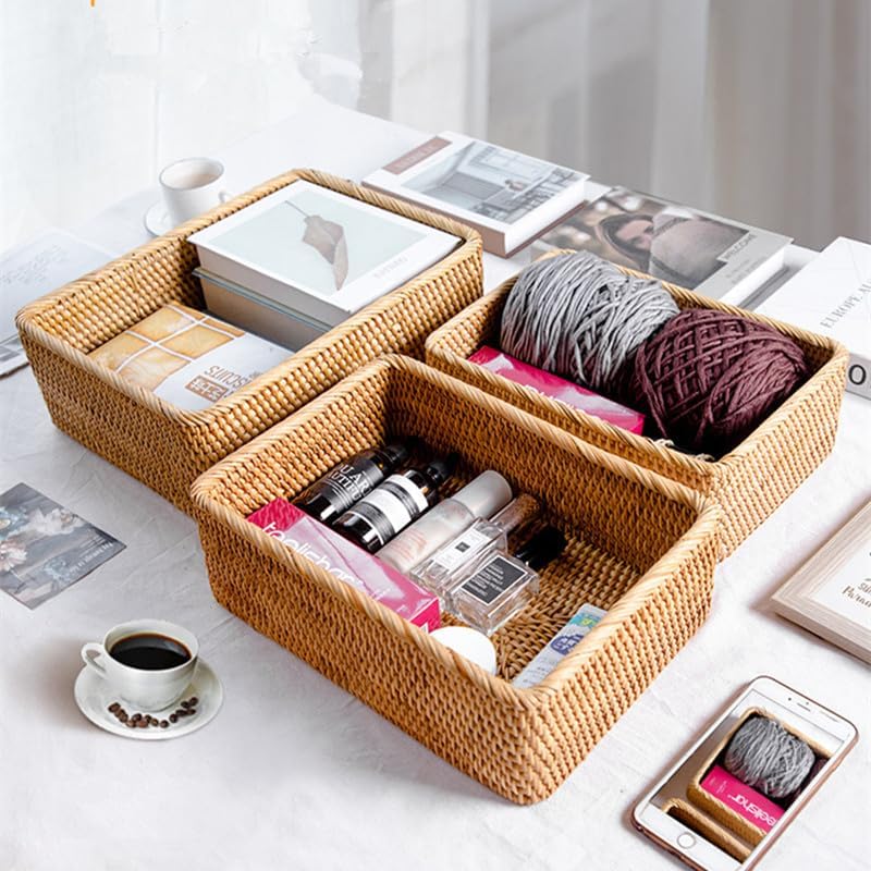 Rattan Storage Baskets, Wicker Baskets for Organizing, Hand Woven Fruit Basket, Decorative Baskets for Kitchen Counter, Living Room, Bathroom, Set of 3