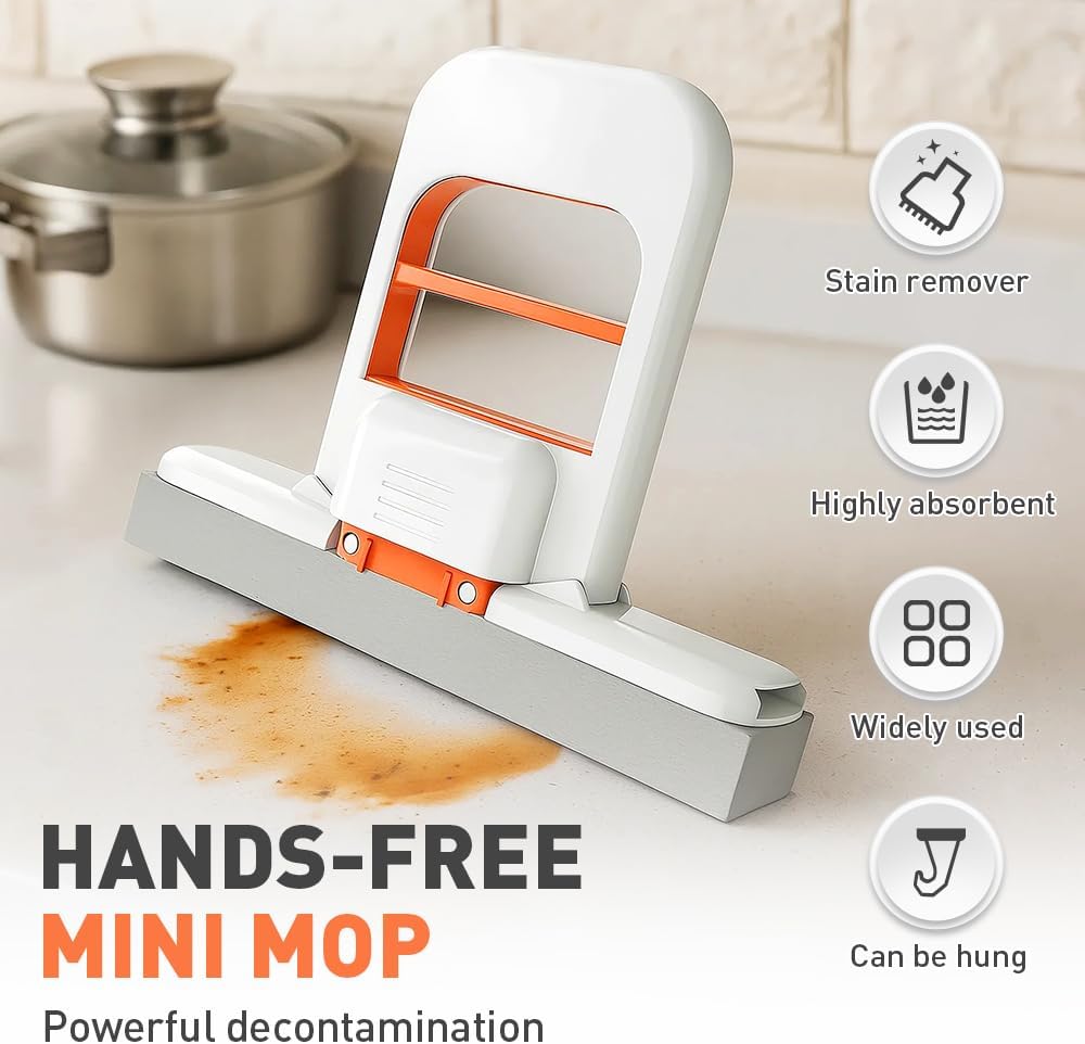 Mini Foldable Desktop Mop, Wet and Dry Portable Cleaning Sponge Mop,Self Squeezing Mini Sponge Mop with One Replaceable Head,for Small Spaces,Bathroom,Kitchen,Glass (Black/1pcs)