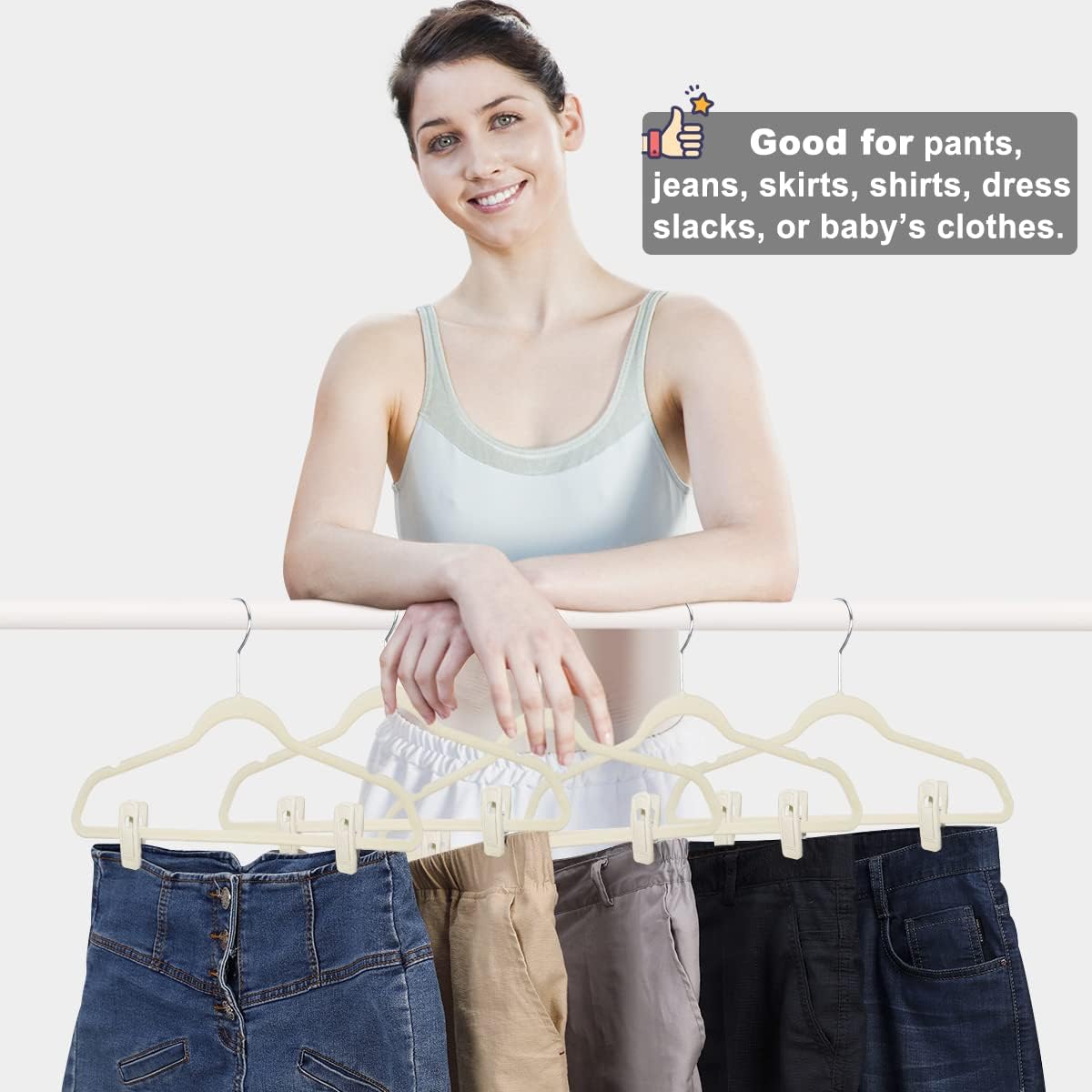 Velvet Hanger Clips for Velvet Hangers - 20 PCS Beige Non-Slip Velvet Clip for Skirt Hanger, Strong Flocking Clips Fit for Ivory Velvet Hangers