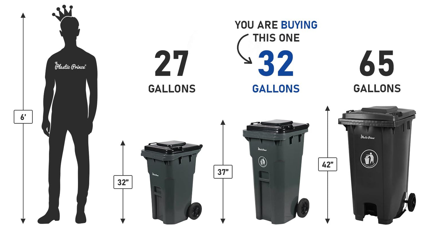32 Gallon Trash Can Lid Outdoor Trash Can with Lid and Wheels Heavy-Duty Trash Bin for Outside Plastic 32 Gallon Garbage Can Wheeled Gray for Hospitals Restaurants Offices, Pack of 2