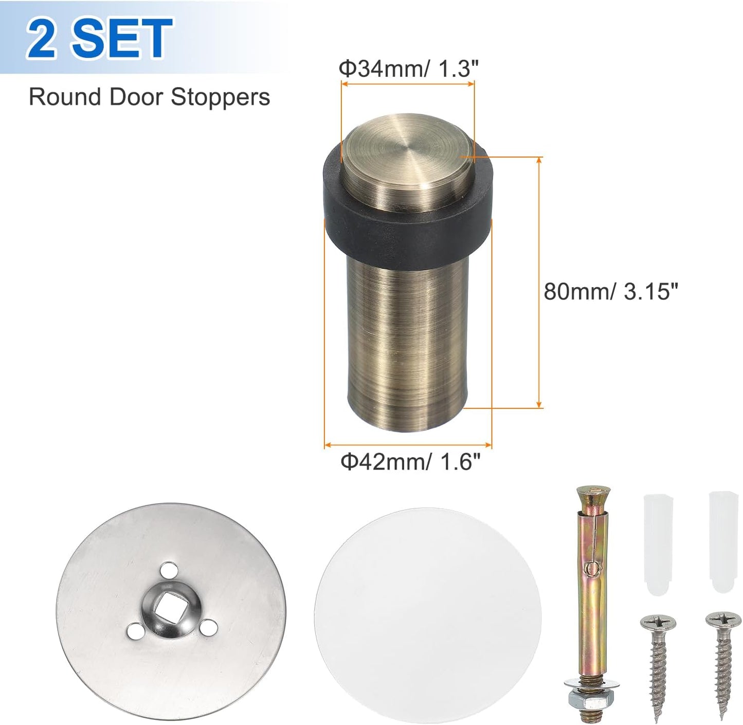 PATIKIL 2Set Round Door Stoppers, 80mm Stainless Steel Door Stop Doorstop Wedge Metal Cylinder Self Adhesive with Screw for Bottom of Door Floor Inside, Bronze