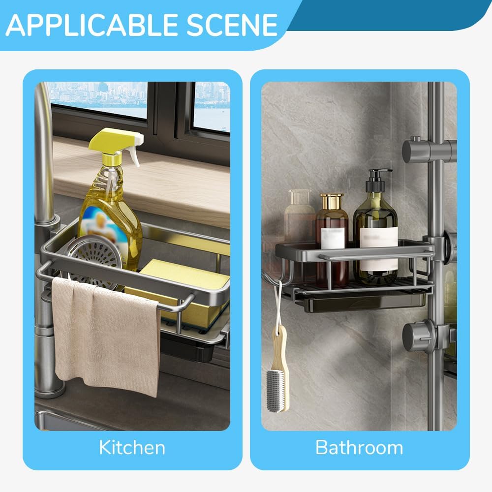 Sink Organizer Rack for Kitchen and Bathroom, 2024 New Kitchen Sink Faucet Organizer with Drip Tray Faucet Sponge Holder (Black, Left+Right)