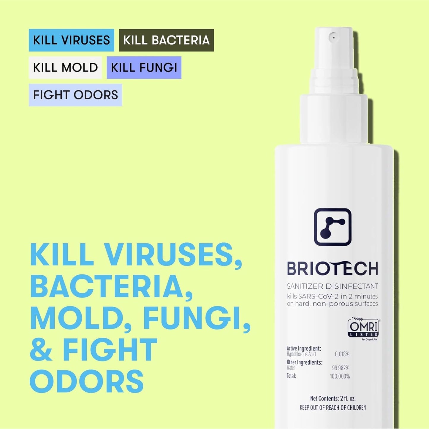 BRIOTECH Sanitizer Disinfectant Hypochlorous Spray, Kill 99.99% of Viruses & Bacteria, Control Mold, Eliminate Odor, Gentle for Nursery & Play Rooms, Food Contact Surface Sanitizer, 8 fl oz (4 Pack)