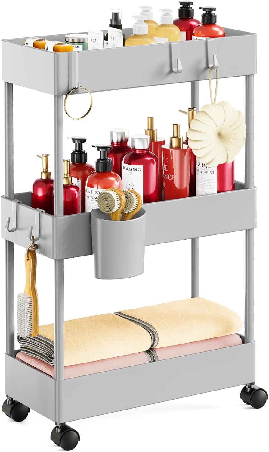 Pipishell Slim Storage Cart with Wheels - 3 Tier Bathroom Organizers and Storage Cart - Rolling Carts for Bathroom, Kitchen, Narrow Space, Laundry Room,Grey