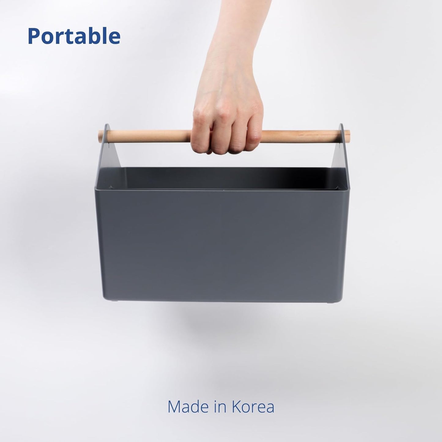 BLUE GINKGO Medium Storage Basket – Plastic Caddy with Wooden Handle for Office, Arts & Crafts, or Home Supplies (Gray)