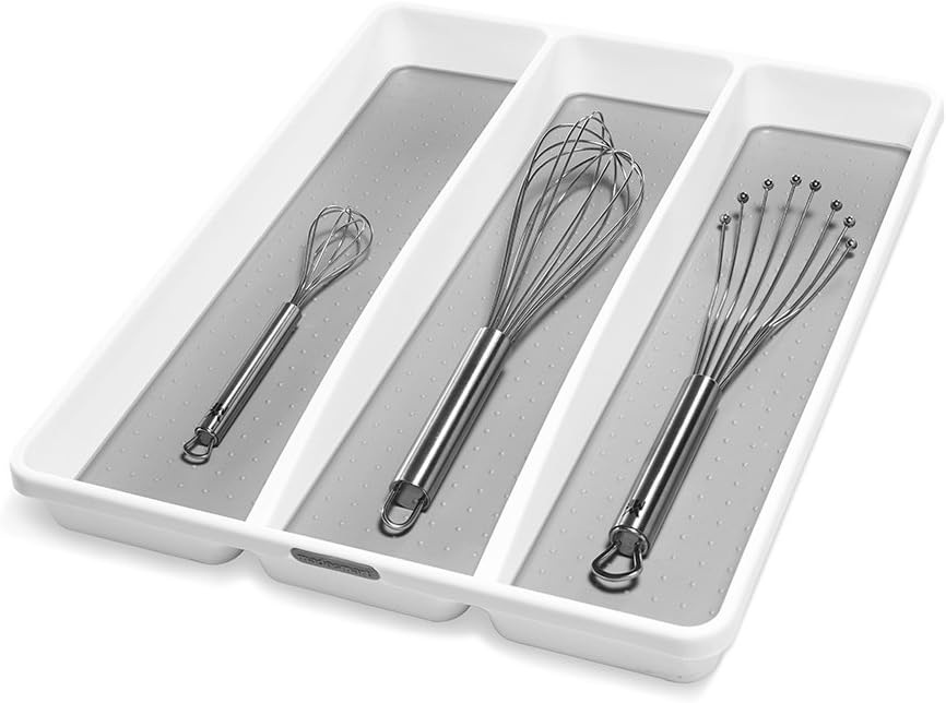 madesmart Classic Large Utensil Tray, Soft Grip, Non-Slip Kitchen Drawer Organizer, 3 Compartments, Multi-Purpose Home Organization, BPA Free, White