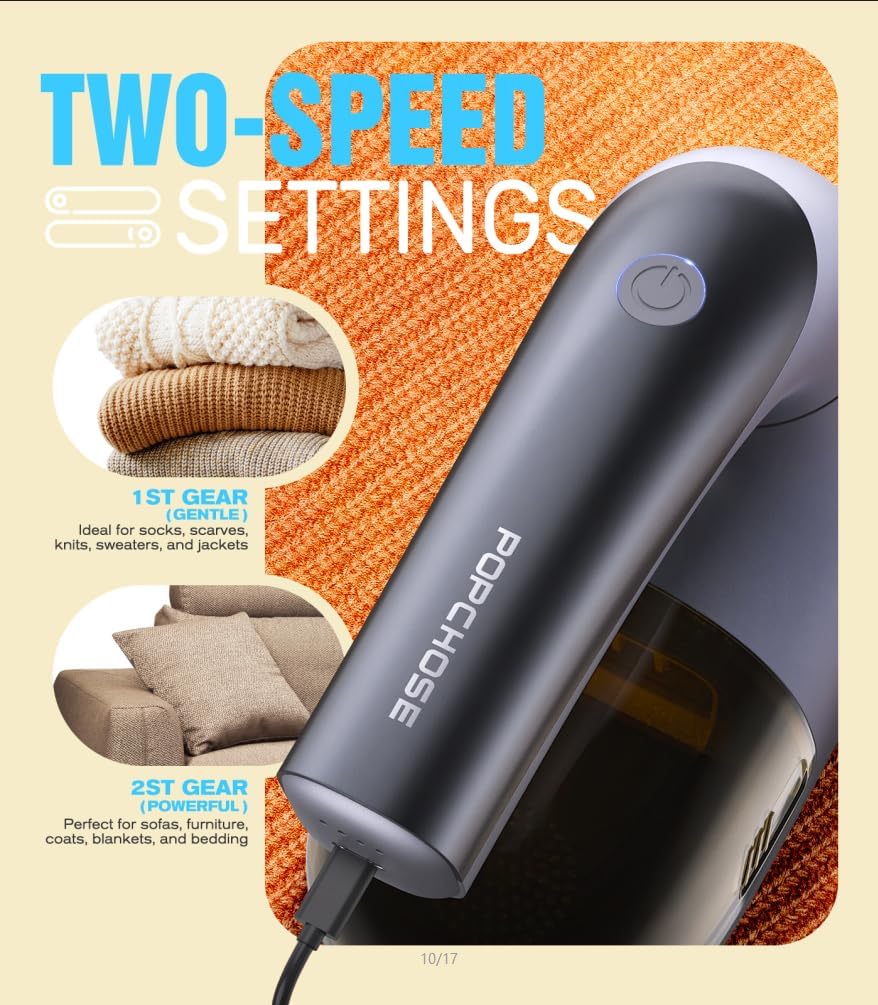 POPCHOSE Fabric Shaver, Lint Remover for Clothes, Lint Shaver with 6-Leaf Blades, 2 Speed Sweater Shavers to Remove Pilling for Clothing, Couch, Furniture, Fuzz, USB Rechargeble, Gray…