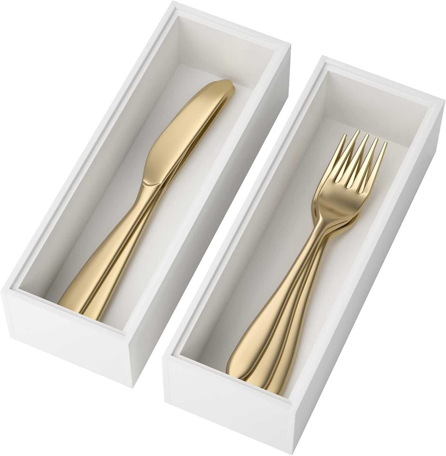 Utensil Organizer Silverware Drawer Organizer - Set of 2, Stackable Kitchen Organization, Bamboo Storage Box Tray for Kitchen Gadgets Bathroom Countertop (White)