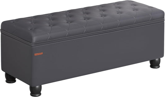 SONGMICS Storage Ottoman, Storage Bench, Tufted Entryway Bedroom Bench, 17.7 x 46.5 x 17.7 Inches, Hinges Easy Lid Operation, Wooden Legs, Synthetic Leather, Loads 330 lb, Dark Gray ULOM071G01