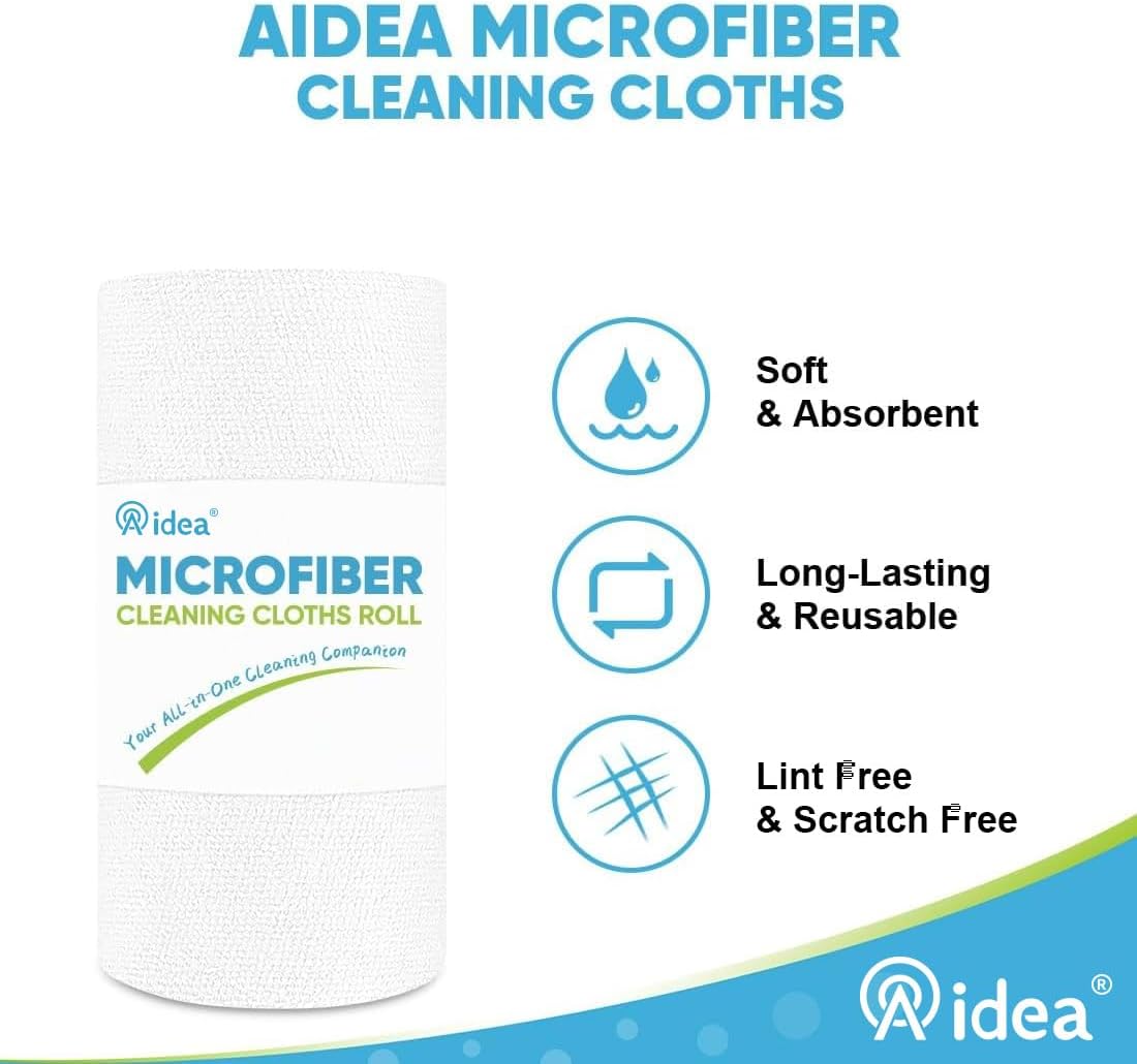 AIDEA Microfiber Cleaning Cloth Roll, Shop Towels 165 Sheets(3 Roll), Tear Away Reusable Paper Towels, White Rags for Bars, Cleaning Rags for Automotive, Mechanic, Workshops, House, 11×9"
