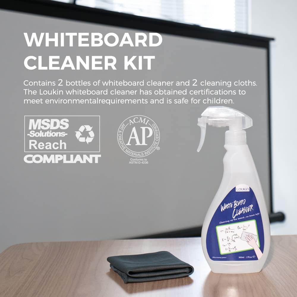 loukin Non-Toxic Whiteboard Cleaner, 17 fl oz Dry Erase Board Cleaner, Low-Odor Whiteboard Cleaning Spray with Cloths, Removes Stubborn Marks from Whiteboards, Chalkboard (2-Pack)