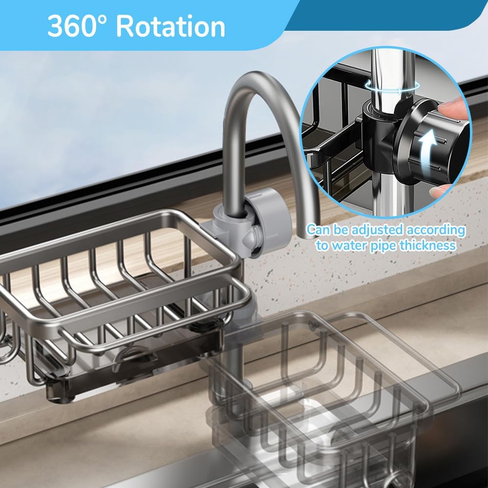 Sink organizer rack for kitchen and bathroom, 2024 New Kitchen Sink Faucet Organizer with Drip Tray Faucet Sponge Holder (Silver, Left)