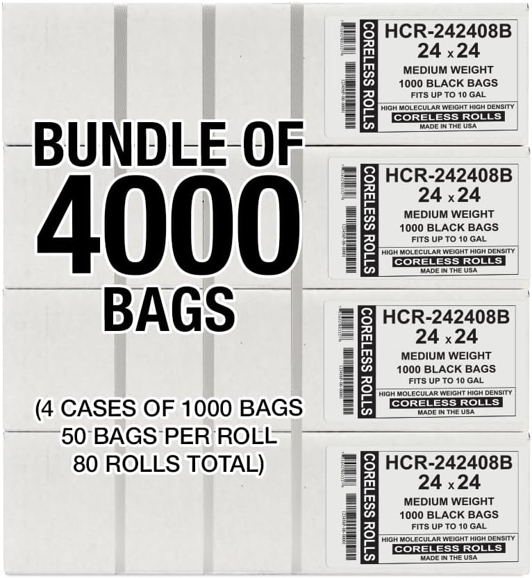 Aluf Plastics High Density Trash Bags, 10 Gallon, 4000 Count, 8 Micron (eq), 24" x 24", Black, for Bathroom, Office, Industrial, Commercial, Janitorial, Municipal, Recycling