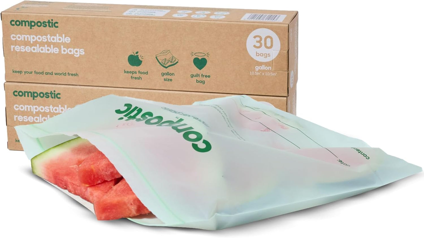 Compostic Home Compostable Resealable Gallon Bags (10.5"x10.5"), Microwave & Freezer Safe, Organic Food Storage Container, 30 Count (Pack of 2)