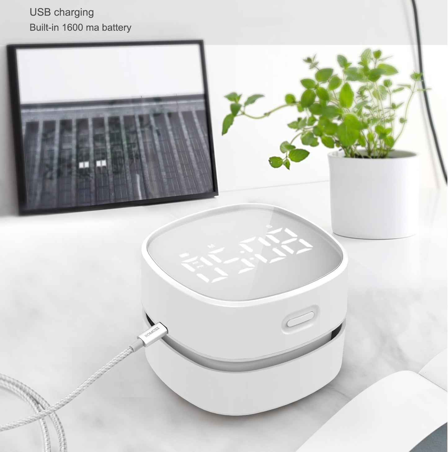 ODISTAR Counter Vacuum Cleaner,Mini Table dust Sweeper Energy with Digital Timer,Endurance up to 400 mins,360º Rotatable for Cleaning Rubber shavings,Crumbs Keyboard of Gifts for Kids(White)
