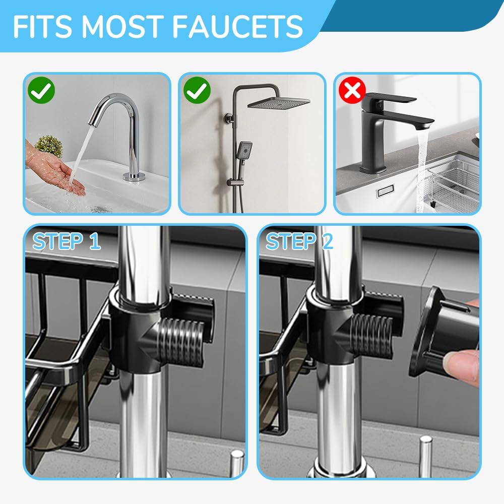 Sink Organizer Rack for Kitchen and Bathroom, 2024 New Kitchen Sink Faucet Organizer with Drip Tray Faucet Sponge Holder (Grey, Left+Right)