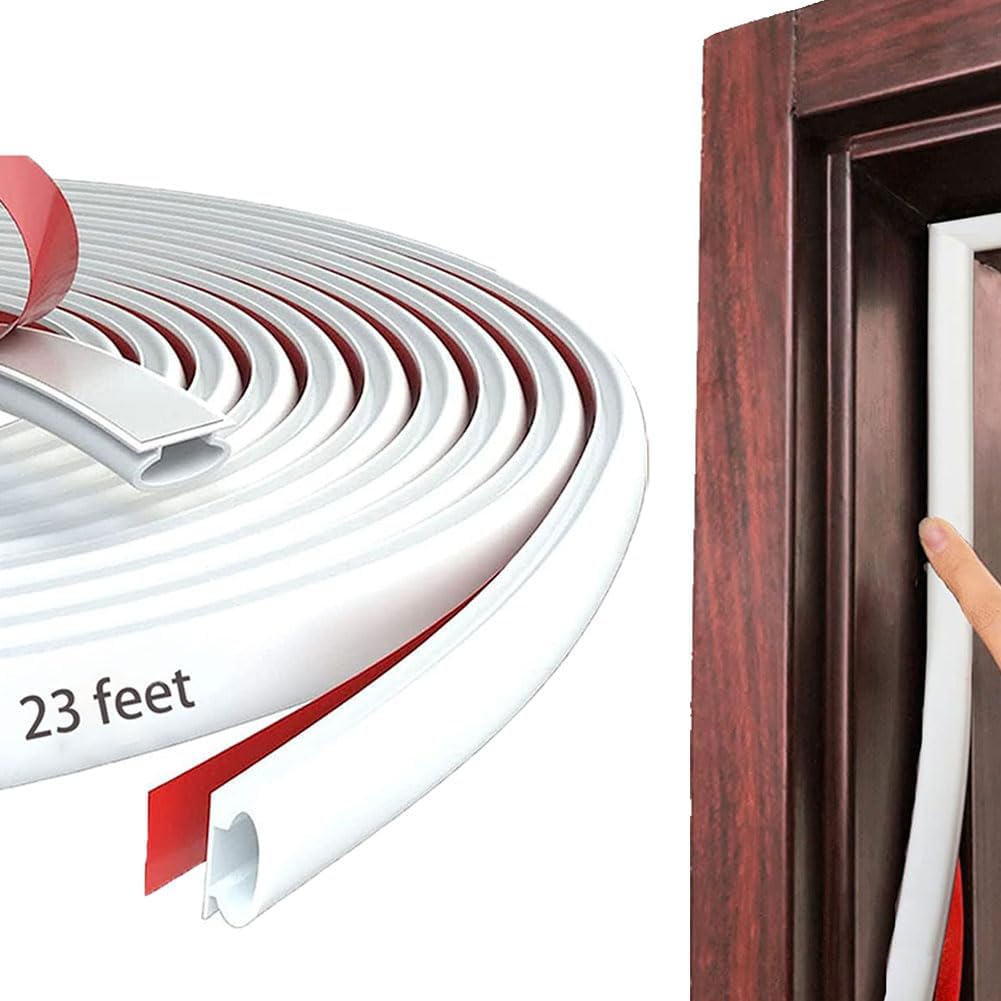 White Rubber Weather Stripping Door Seal Strip, D Shape Door Rubber Weather Seal Strip, SelfAdhesive Weatherstripping Soundproofing Doors Sealing Strip for Windows (23 feet, White)