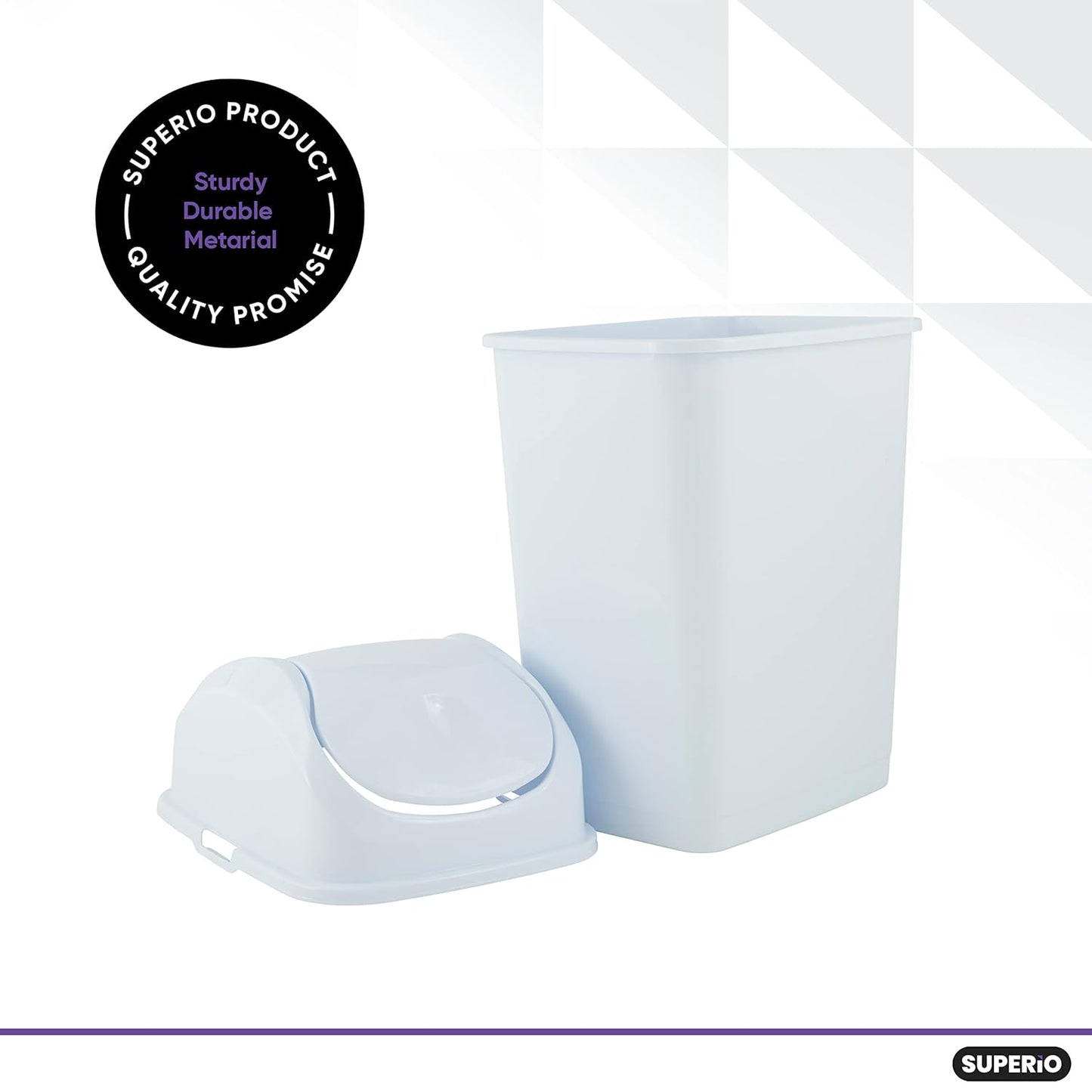 Superio Medium Trash Can with Lid 4.5 Gallon Plastic Swing Top Garbage Can Slim Waste Bin for Under Sink/Cabinet, Laundry Room, Kitchen, Office, Bedroom, Bathroom, College Dorm, 18 Qt, White, 2