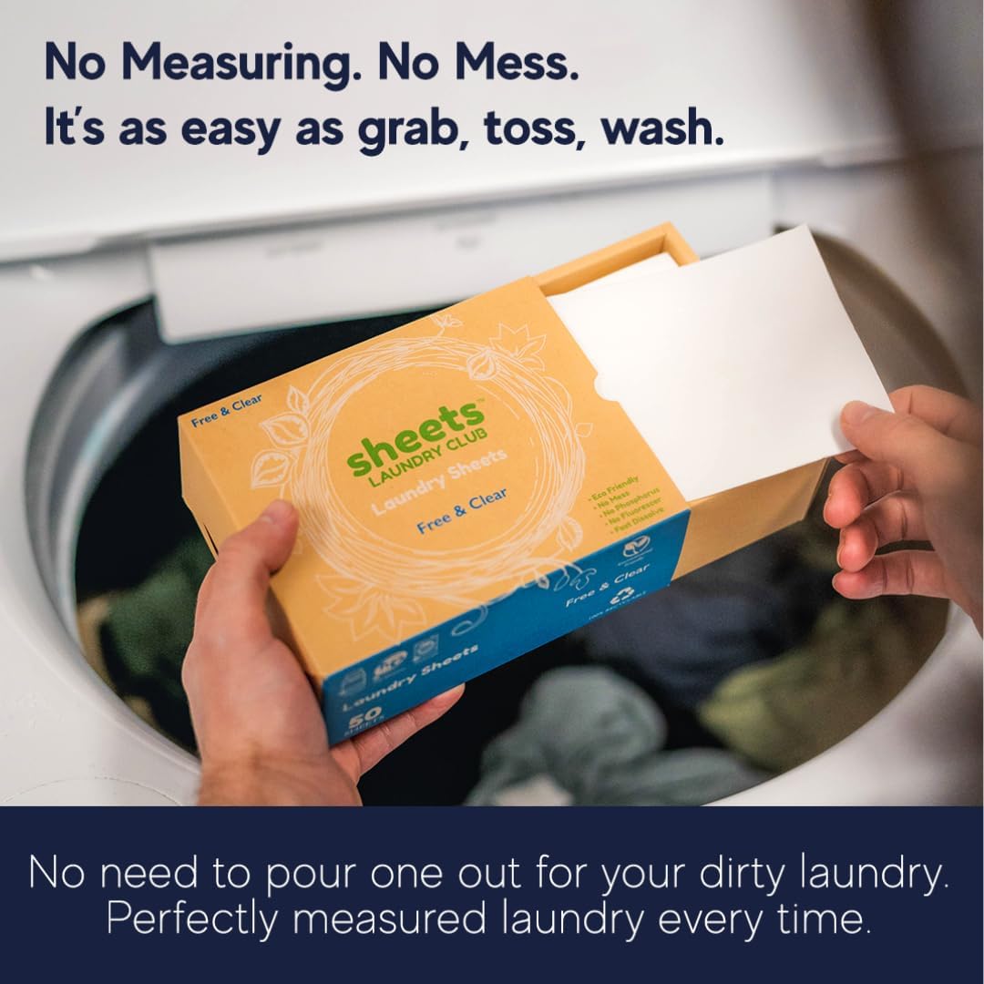 Sheets Laundry Club Laundry Detergent Sheets, 100 Loads - Fragrance Free Scent, Eco-Friendly, Quick-Dissolving Formula, Hypoallergenic, Septic Safe, Plastic-Free Packaging - 50 Sheets