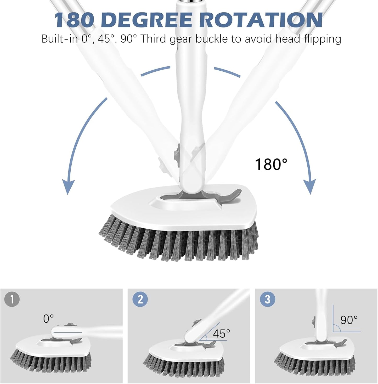SetSail Floor Scrub Brush, 3-in-1 Tile Tub Floor Scrubber with 52-inch Adjustable Long Handle Shower Cleaner Brush and 4 Detachable Replacement Brush Heads for Cleaning Bathroom Tub Tile, White