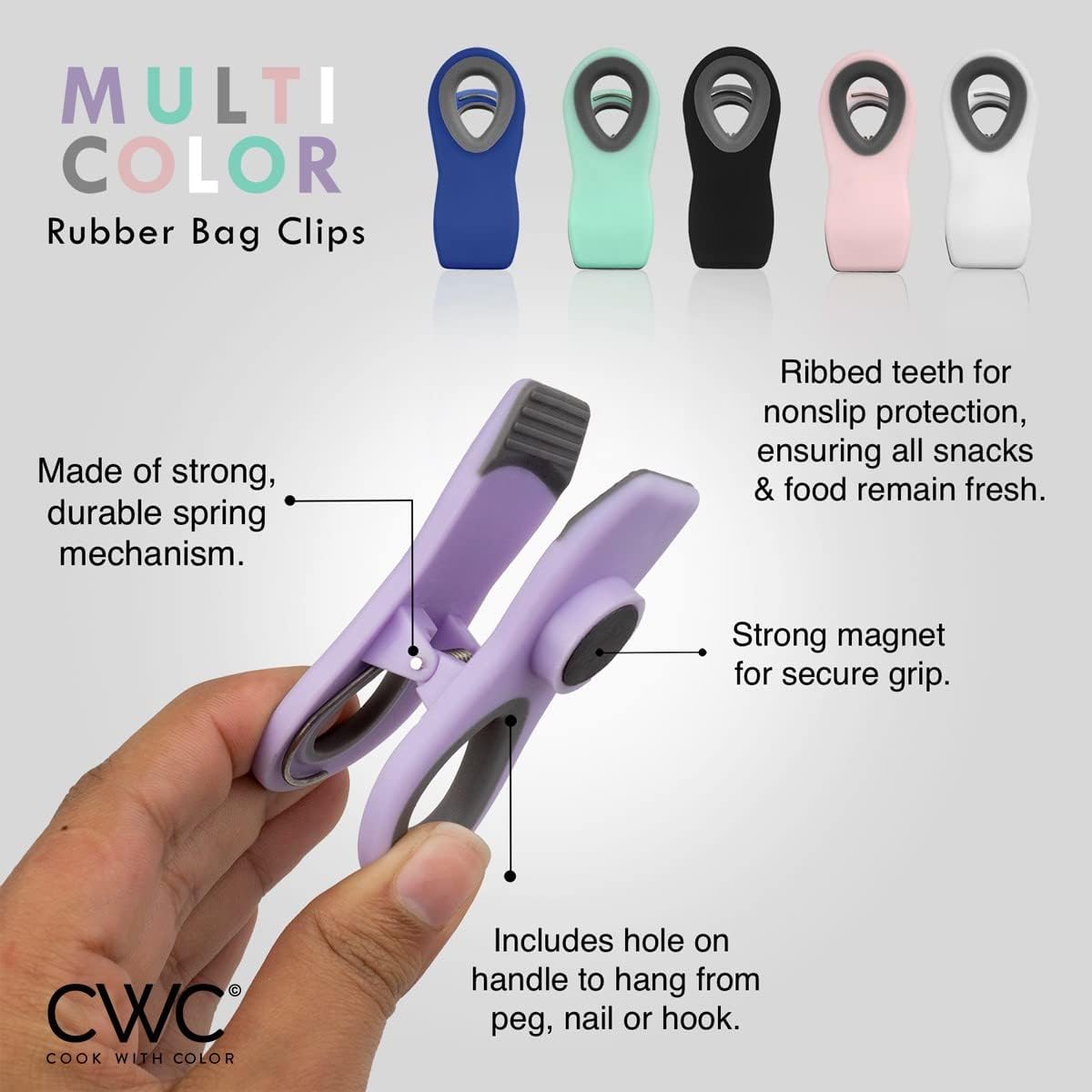 COOK WITH COLOR Bag Clips - Heavy Duty Chip Clip and Refrigerator Magnet Clips for Food Storage with Air Tight Seal Grip, Multi, Pack of 8