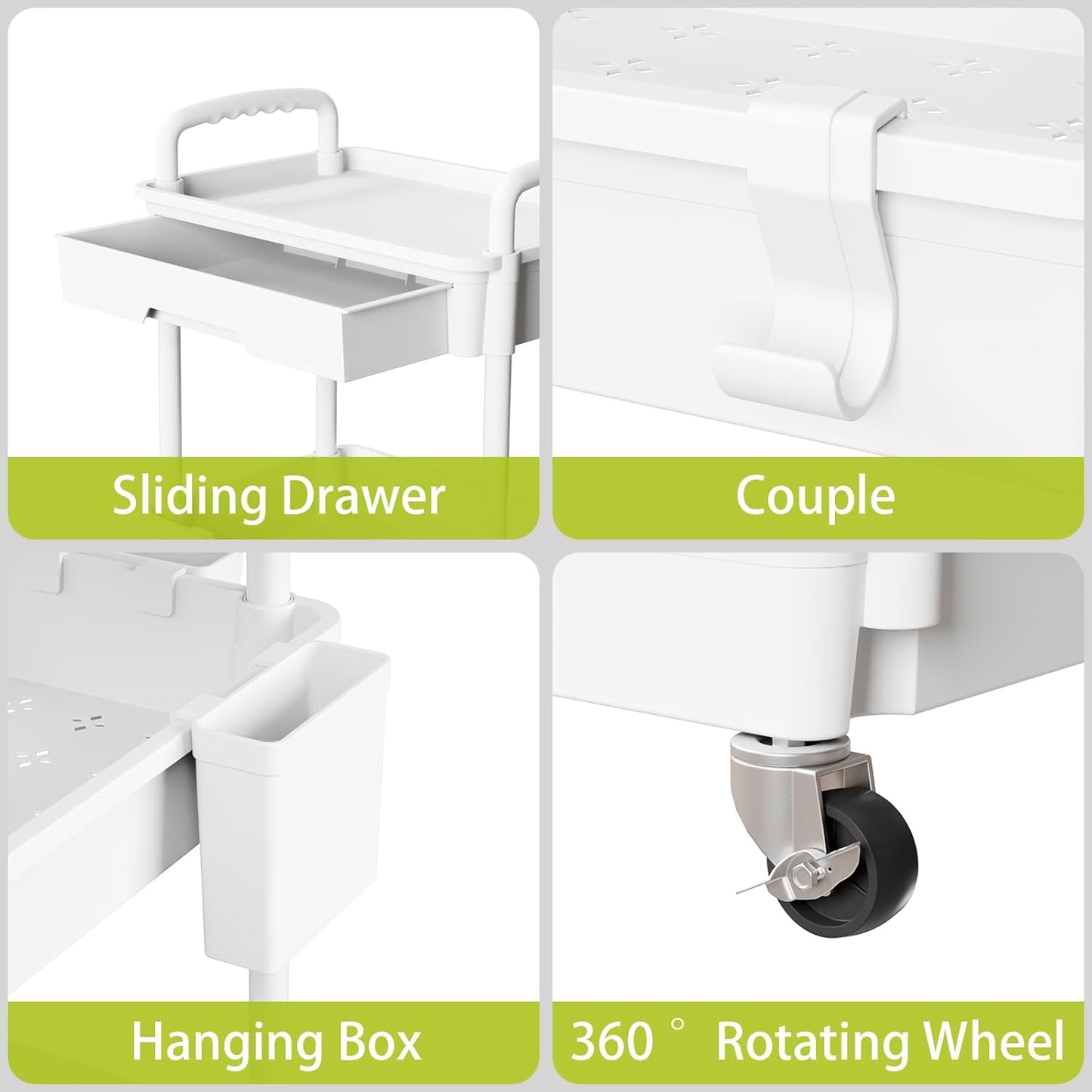 4 Tier Rolling Cart Organizer,Art Craft Diaper Bedside Snack Laundry Room Bathroom Organizer Narrow Thin Slim Rolling Trolley Utility Cart with Wheels for Kitchen,Office(White)