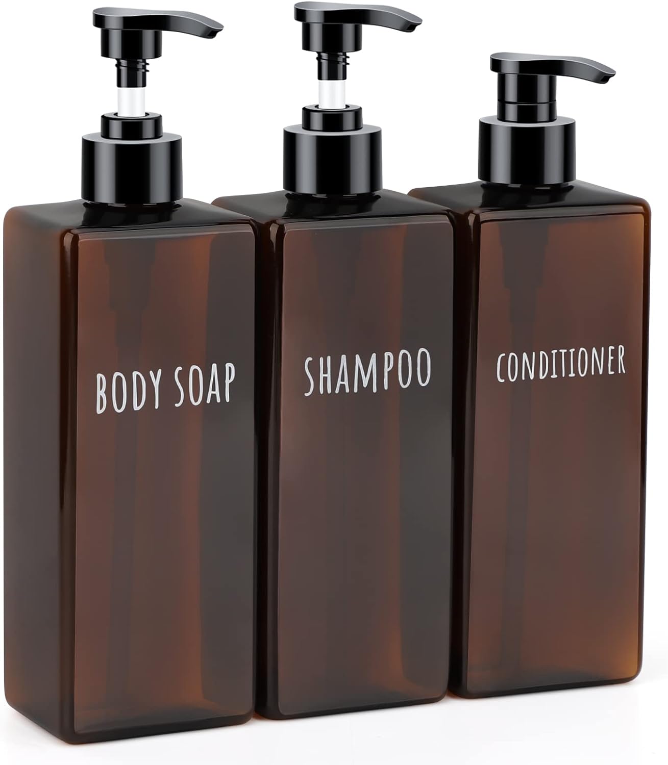 Segbeauty 16.9oz Lotion Dispenser, 3pcs Refillable Square Shampoo Bottles with Pump, 500ml Empty Plastic Bathroom Shower Bottles Liquid Soap Container Body Wash Dispenser for Home Hotel Travel Amber