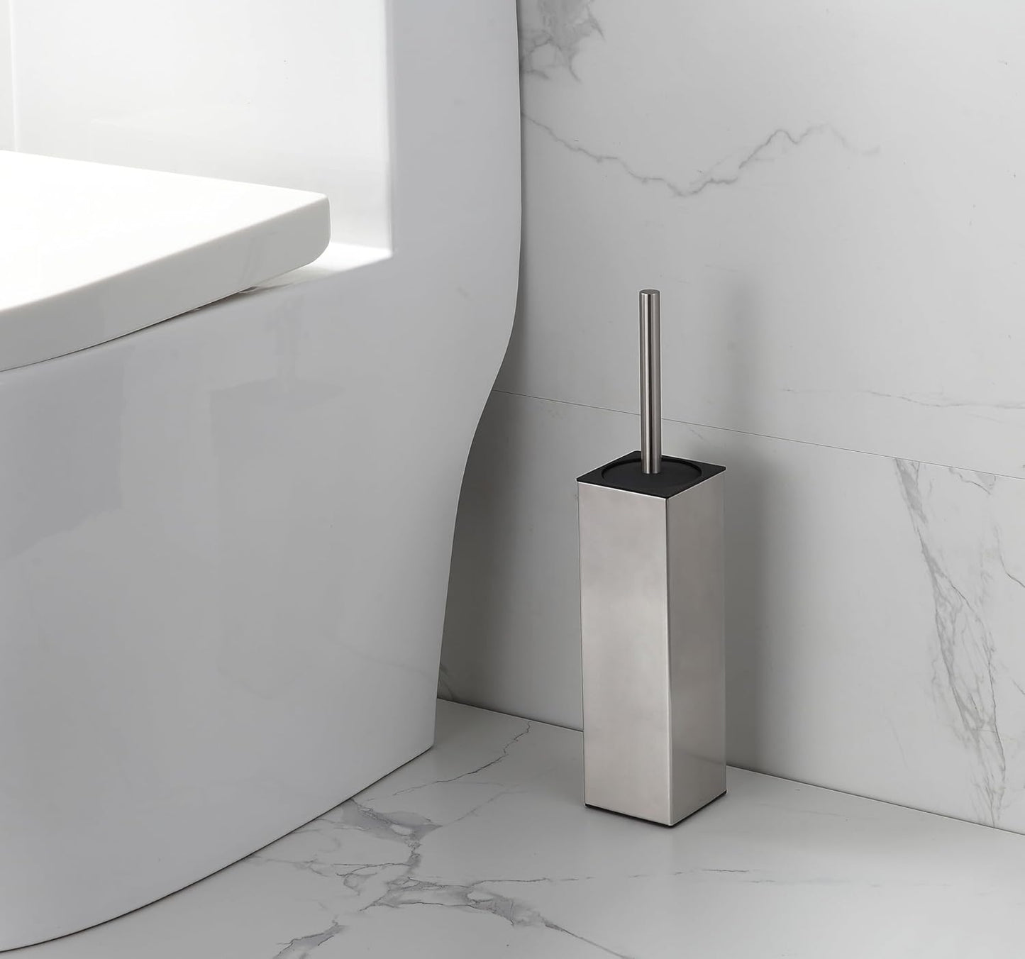 BGL Square Toilet Brush with Holder,Stainless Steel Rubber Painted Toilet Bowl Brush and Holder for Bathroom,2 Cleaner Brush Heads,Brushed Nickel
