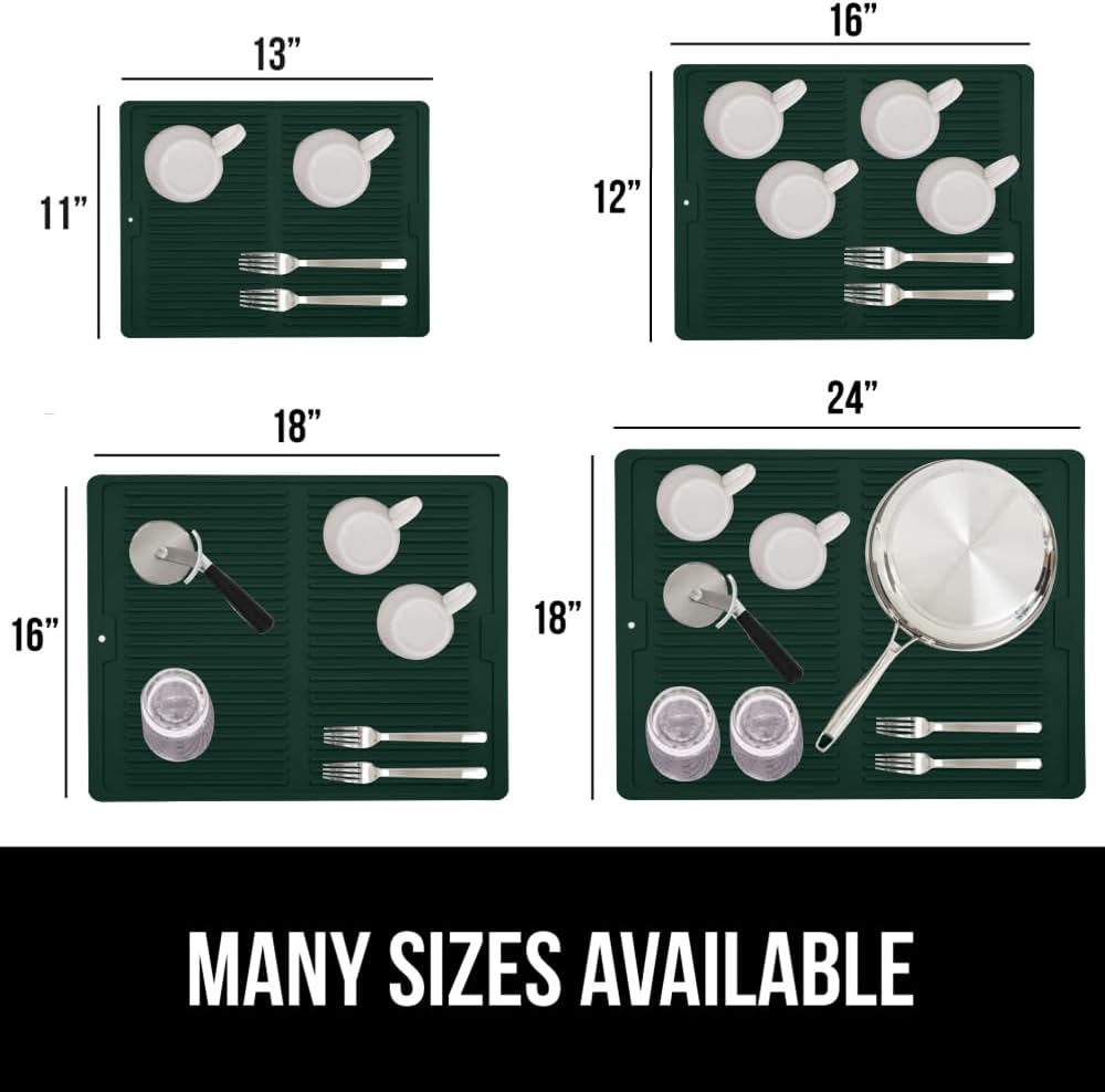 GORILLA GRIP 100% BPA-Free Silicone Dish Drying Mat for Kitchen Counter, Quick Dry, Water Catching Ribbed Design, Easy Clean Waterproof Sink Liner, Heat Resistant, Fits Under Rack, 16x12, Hunter Green