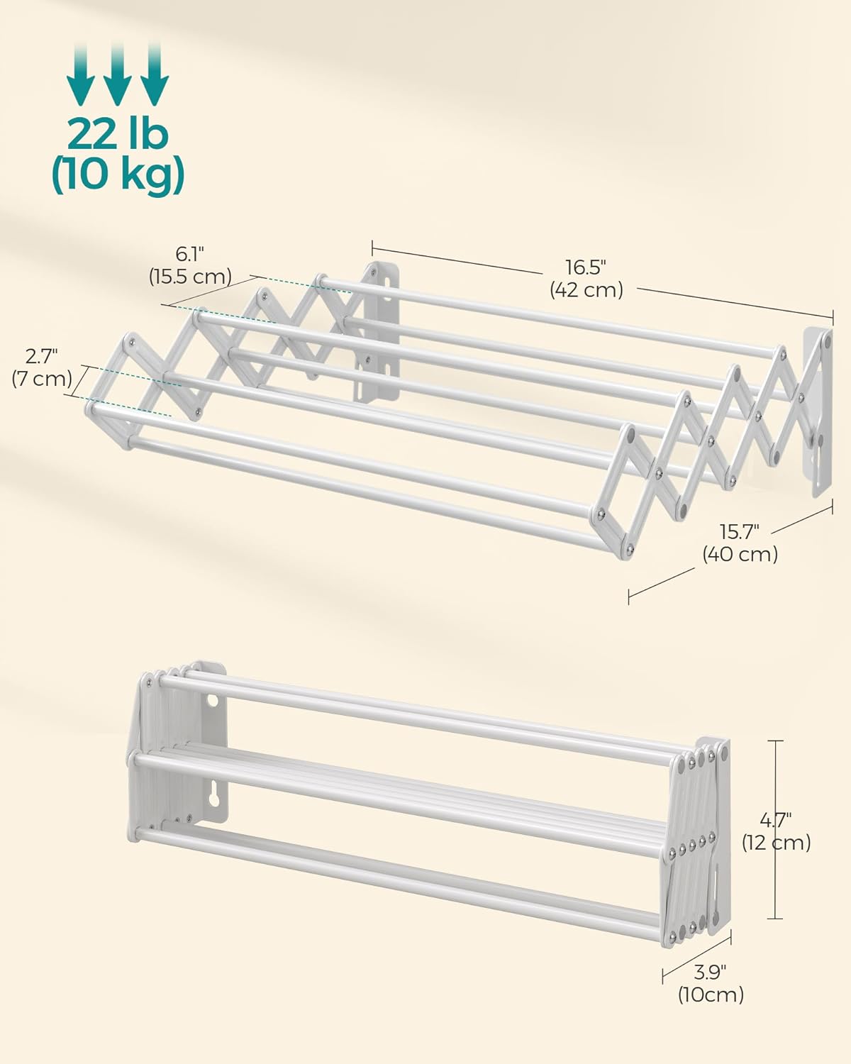 SONGMICS Clothes Drying Rack, Wall-Mounted Drying Rack Clothing, Small Accordion Laundry Rack, 9 Staggered Hanging Rods, Expandable and Retractable, Cloud White ULLR802W01