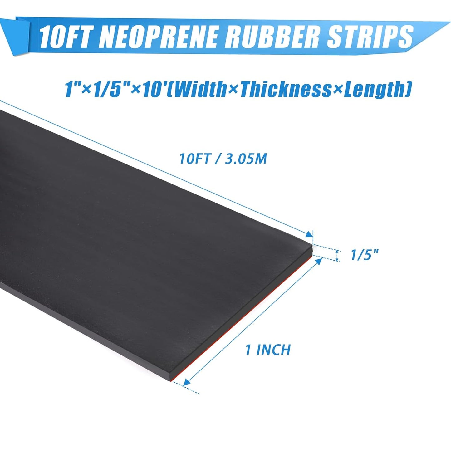 Neoprene Rubber Strips With Adhesive Backing - Self Stick Seal Gasket for Matting Padding - 1" Wide x 1/5" Thick x 10' Long