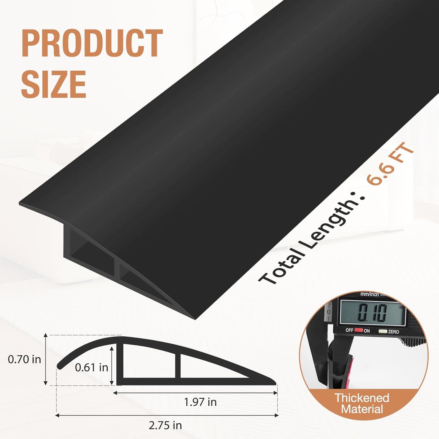 Floor Transition Strip Self Adhesive Vinyl Door Threshold for Doorways Carpet Edging Trim Overlap Edge Reducer for Laminate Floor, Carpet, Tile (Black, 2/5" to 3/5", 6.6Ft)
