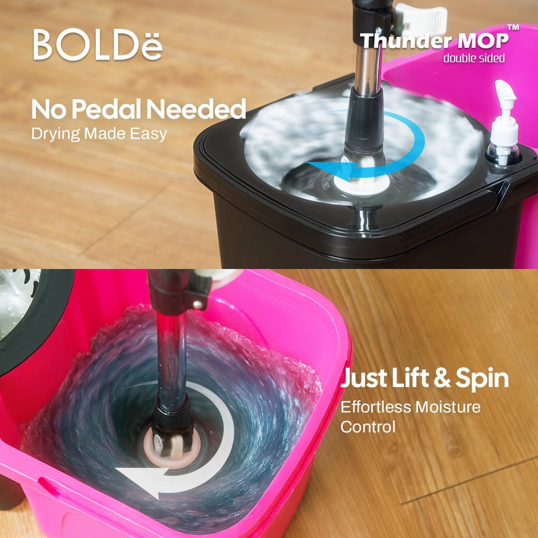 Thunder Mop Spin System - 2 Compact Stackable 6L Buckets, Microfiber Head, Stainless Steel Wringer, Antifungal Quick-Dry Cleaning, Soap Dispenser, 3 Free Refills (Yellow/Blue)