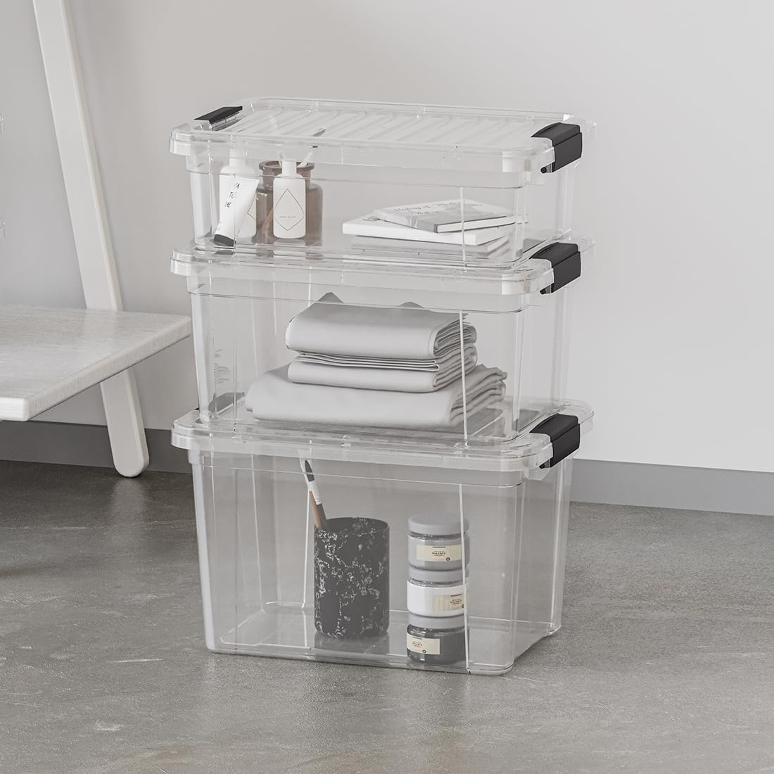Superio Clear Storage Boxes with Lids, 49 Quart Plastic Container Bins for Organizing, Stackable Crates, BPA Free, Non Toxic, Odor Free, Organizers for Home, Office and Dorm, 4 Pack