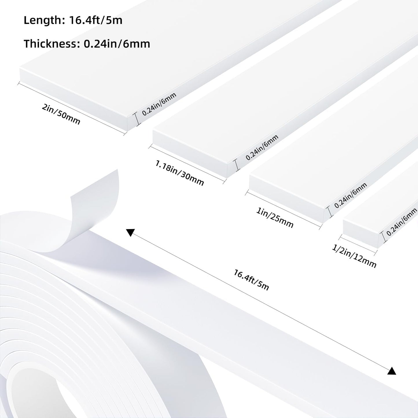 Weather Stripping Door Seal White,1/2Inch Wide X 1/4 Inch Thick,Air Conditioner Window Seal,Self Adhesive Foam Tape High Density Foam Sealing Strip,Soundproof Foam Tape Roll,Total 16.4 Feet Long