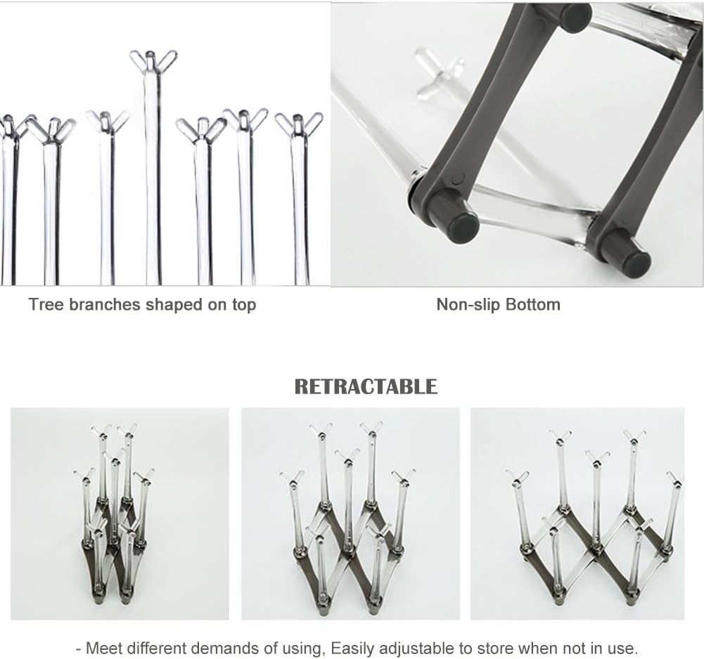 Marbrasse Retractable Cup Drying Rack, Drinking Glass and Sports Bottle Drainer Stand, Plastic Bag Dryer with Non-Slip Bottom for Kitchen Countertop, 2p