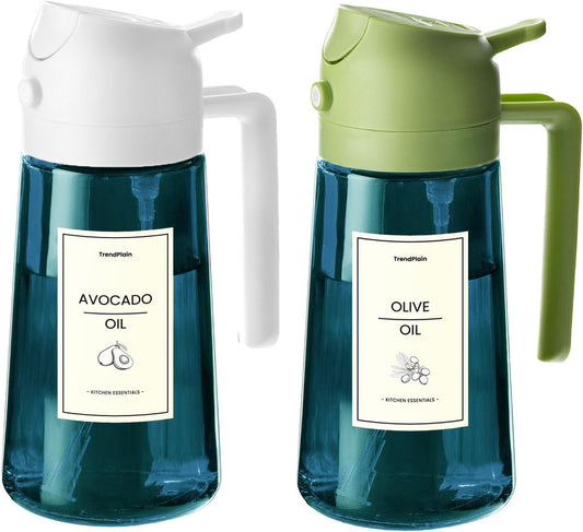 TrendPlain 16oz/470ml Blue Glass Olive Oil Sprayer for Cooking - 2 in 1 Olive Oil Dispenser for Kitchen Gadgets, Air Fryer, Salad, and BBQ - White & Green
