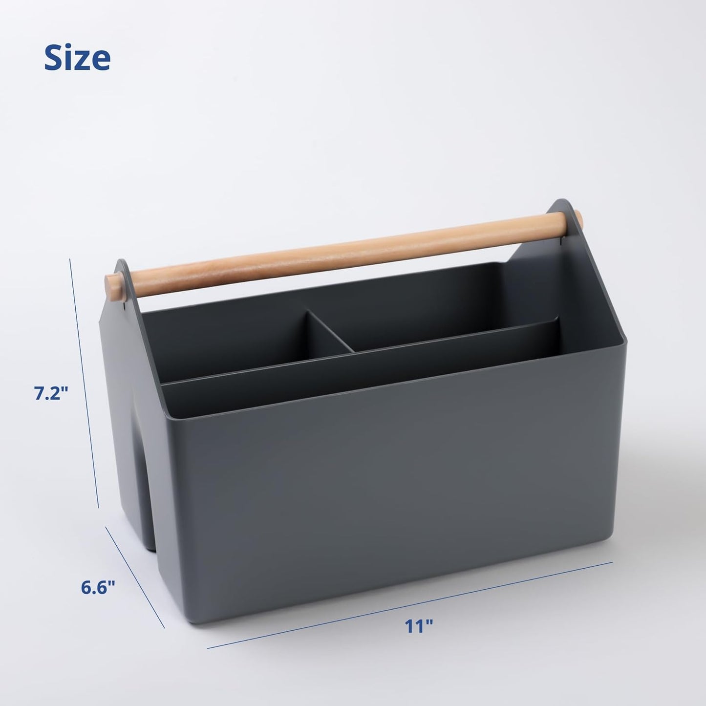 BLUE GINKGO Medium Storage Basket – Plastic Caddy with Wooden Handle for Office, Arts & Crafts, or Home Supplies (Gray)