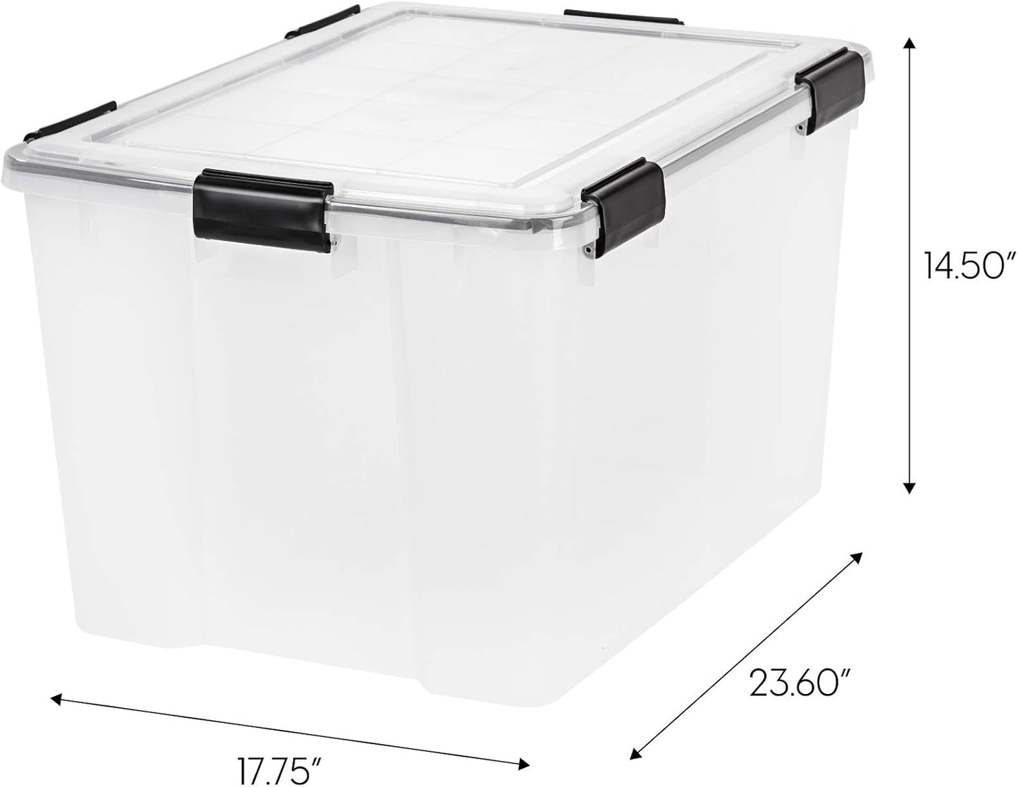 IRIS USA 4-Pack WeatherPro 74 Qt Clear Plastic Gasket Boxes with Latching Lids – Weathertight Heavy Duty Stackable Storage Containers for Clothes, Food, Tools or Camping Gear