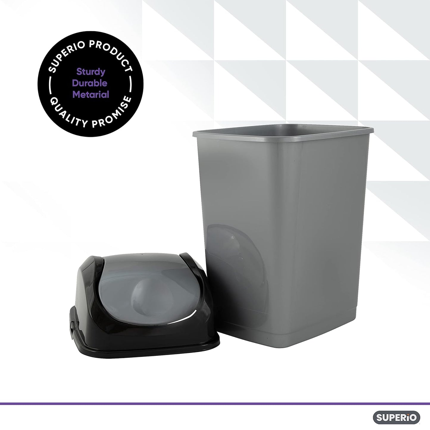 Superio Office Trash Can with Lid 9 Gallon Kitchen Garbage Can Bedroom Waste Basket 37 Qt. Swing Top Trashcan Plastic Durable Waste and Recycle Bin (2, Grey/Black)