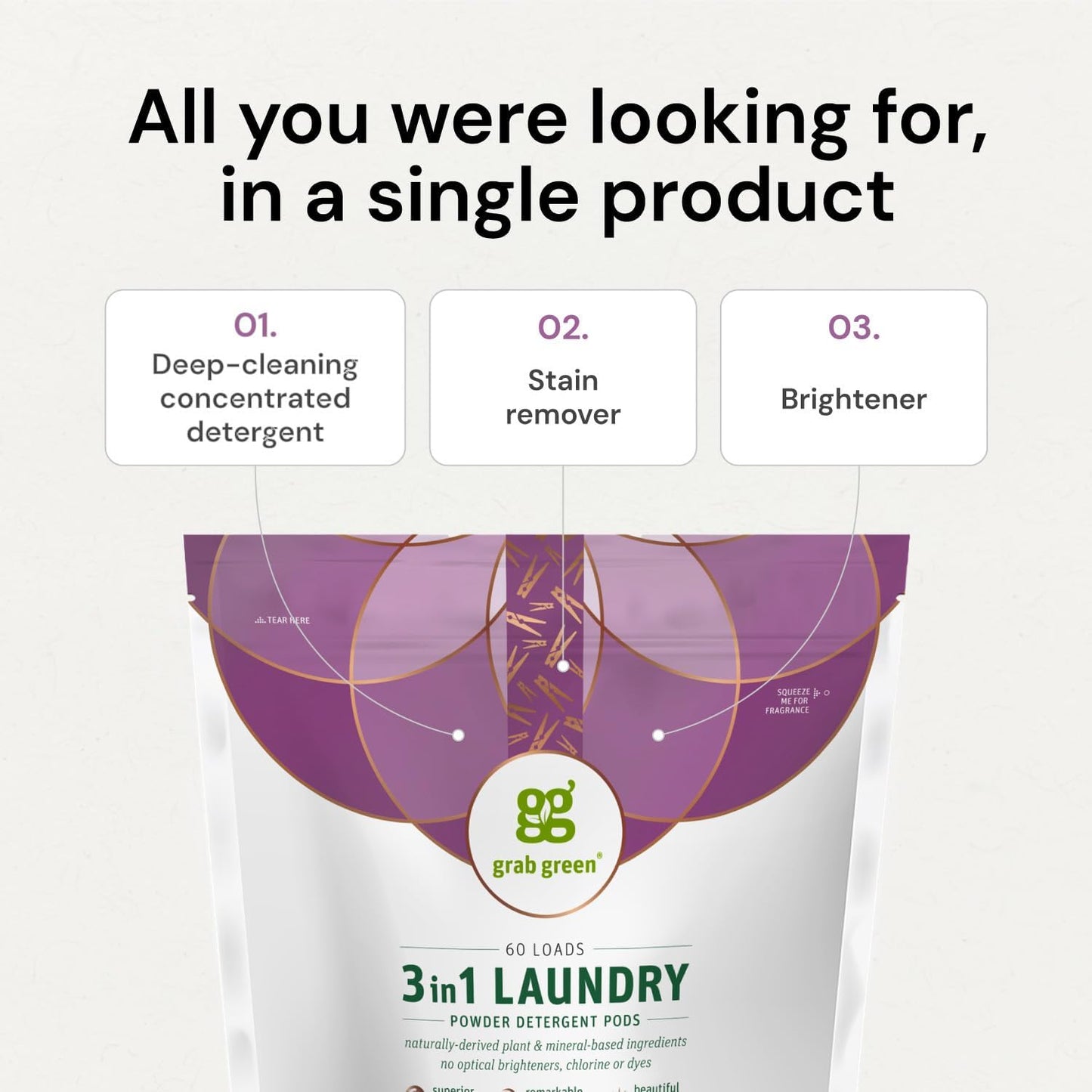 Grab Green 3-in-1 Laundry Detergent Pods, 132 Count, Gardenia Scent, Plant and Mineral Based, Superior Cleaning Power, Stain Remover, Brightens Clothes