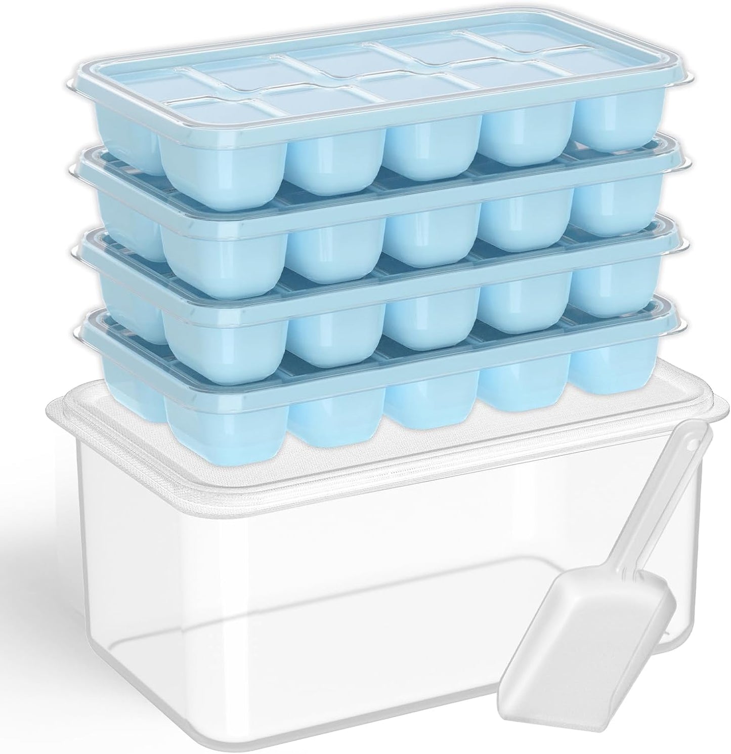 DOQAUS Ice Cube Tray with Lid and Bin, 4 Pack Silicone Plastic Ice Cubes Trays for Freezer with Box/Container, Stackable with Storage Iced Bucket Kits, Scoop, for RV, Soup, Food, Cocktail, Coffee