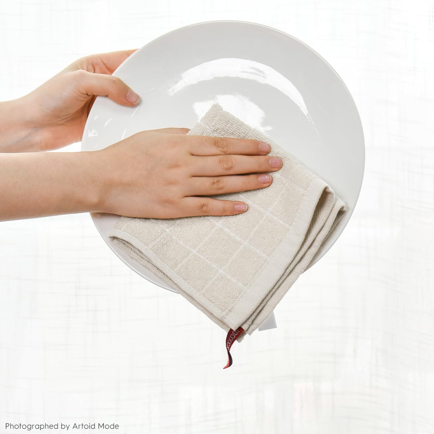 Artoid Mode Checkered Designed Cotton Beige Grey Terry Kitchen Dish Cloths, 12x12 Inch Soft Absorbent Quick Drying Cleaning Kitchen Rags Set of 6