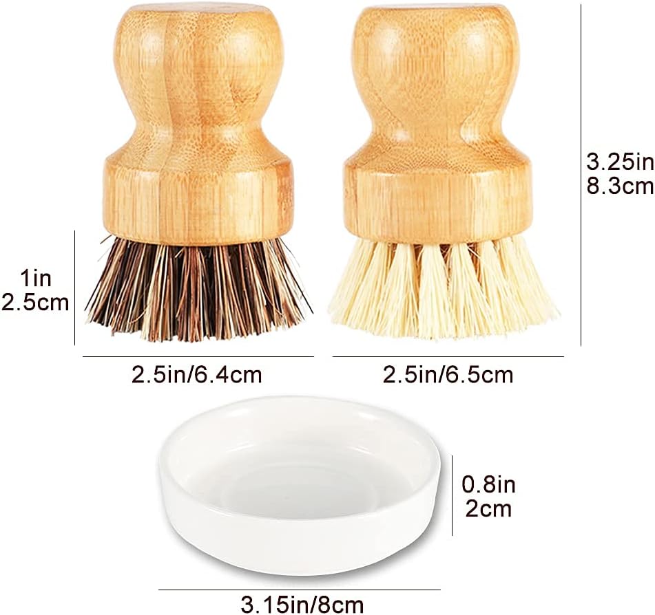 Bamboo Scrub Brush Clean Pan, Dish and Vegetable, Natural Bristles Palm Pot Brush 4 Pack Round Mini Dish Brush with Ceramic Holder for Kitchen Sink Cleaning
