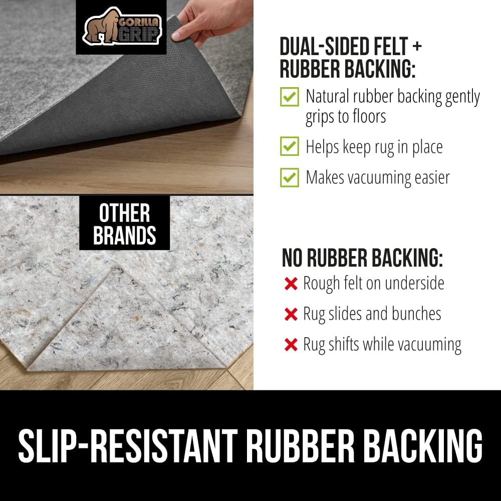 GORILLA GRIP Felt and Natural Rubber Stay in Place Slip Resistant Rug Pad, 1/8in Thick, 2x8 FT Protective Padding Under Area Rugs, Cushioned Gripper Pads, Carpet Runners, Hardwood Floors Protection