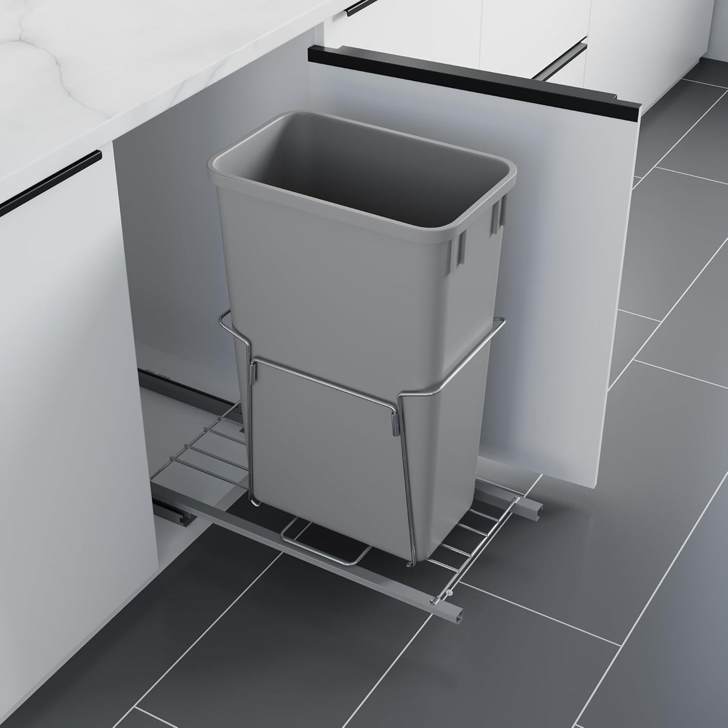 Dowell B15 Aluminum Base Wastebasket Pullout with Door Mount and 50Qt/13Gal Plastic Bin (4012 0115+50)
