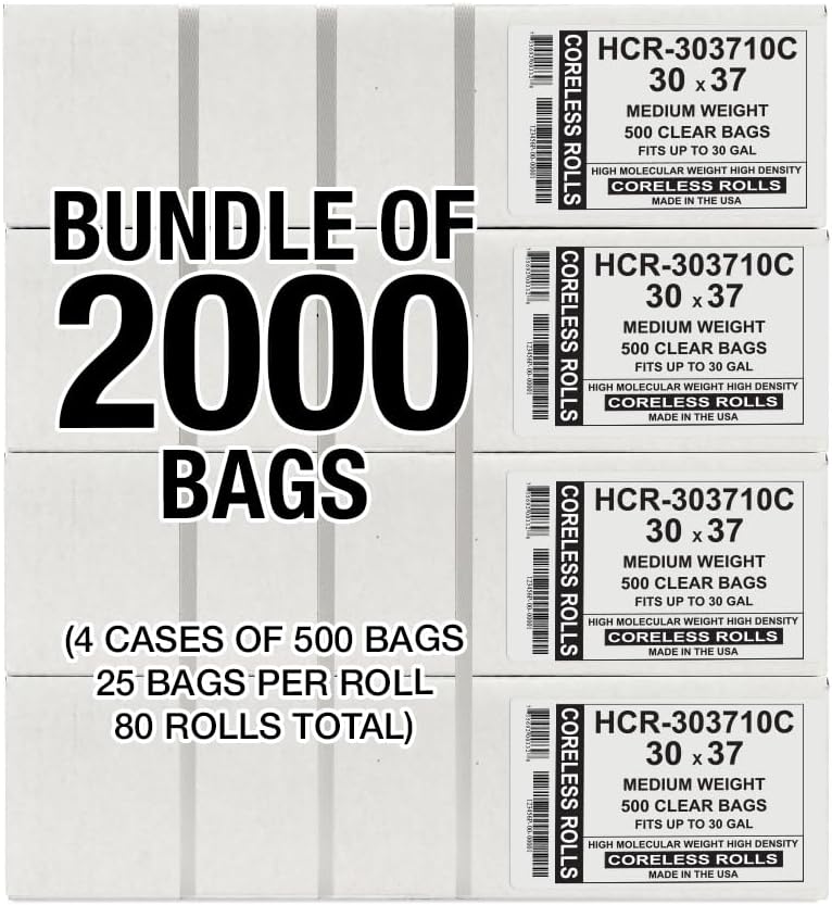Aluf Plastics High Density Trash Bags, 30 Gallon, 2000 Count, 10 Micron (eq), 30" x 37", Clear, for Bathroom, Office, Industrial, Commercial, Janitorial, Municipal, Recycling