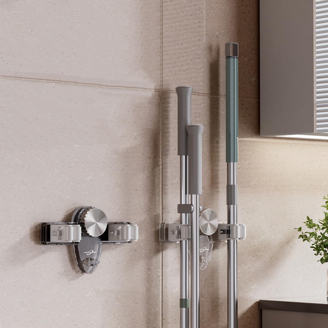 Mop and Broom Holder Wall Mount, No Punching Required Broom and Mop Organizer Wall Hanging with Hooks for Bathroom, Laundry Room, Garage, Kitchen,Garden Tool Organizer Storage (1pcs Gray)