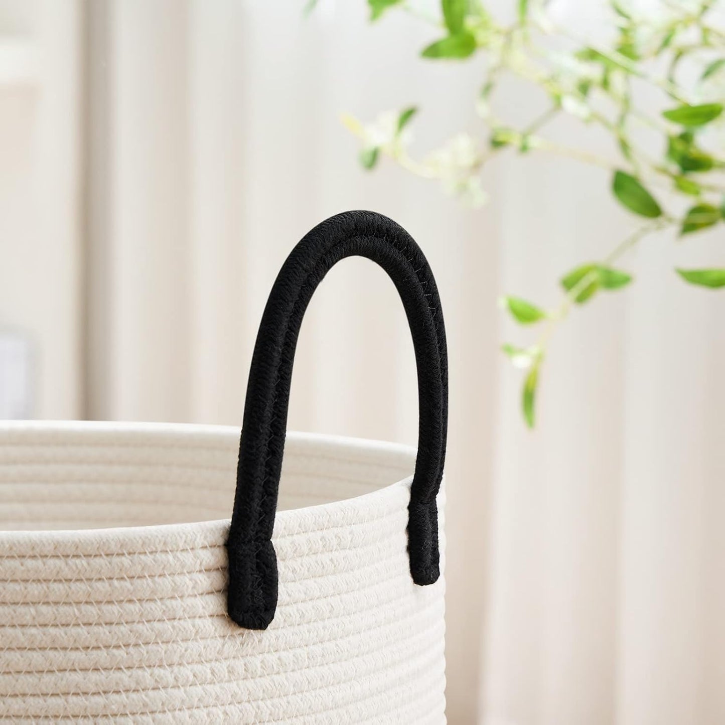 VIPOSCO Large Laundry Hamper, Tall Woven Rope Storage Basket for Blanket, Toys, Dirty Clothes in Living Room, Bathroom, Bedroom - 58L White & Black