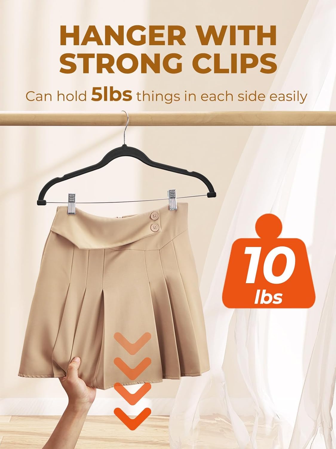 HOUSE DAY Black Velvet Skirt Hangers 48 Pack, Pant Hanger with Adjustable Clips, Space Saving Non Slip Clip Hangers for Pants, Skirts, Shorts